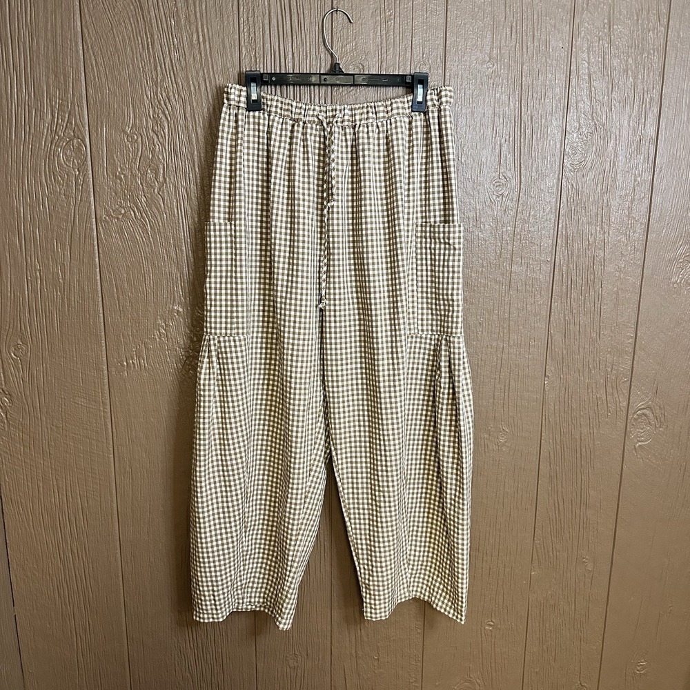 Woman's Gingham Plaid Fall Crop Wide Leg Barrel Linen Pants Sz M Trendy Cozy
